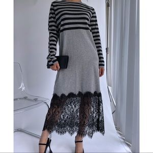 Fine knit laced stripe maxi dress MADE IN FRANCE